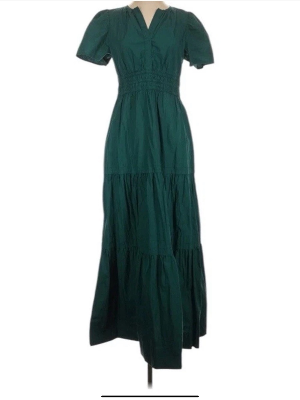 Quince Dark Emerald Green Tiered Maxi Dress Sz Small with Smocked Waist